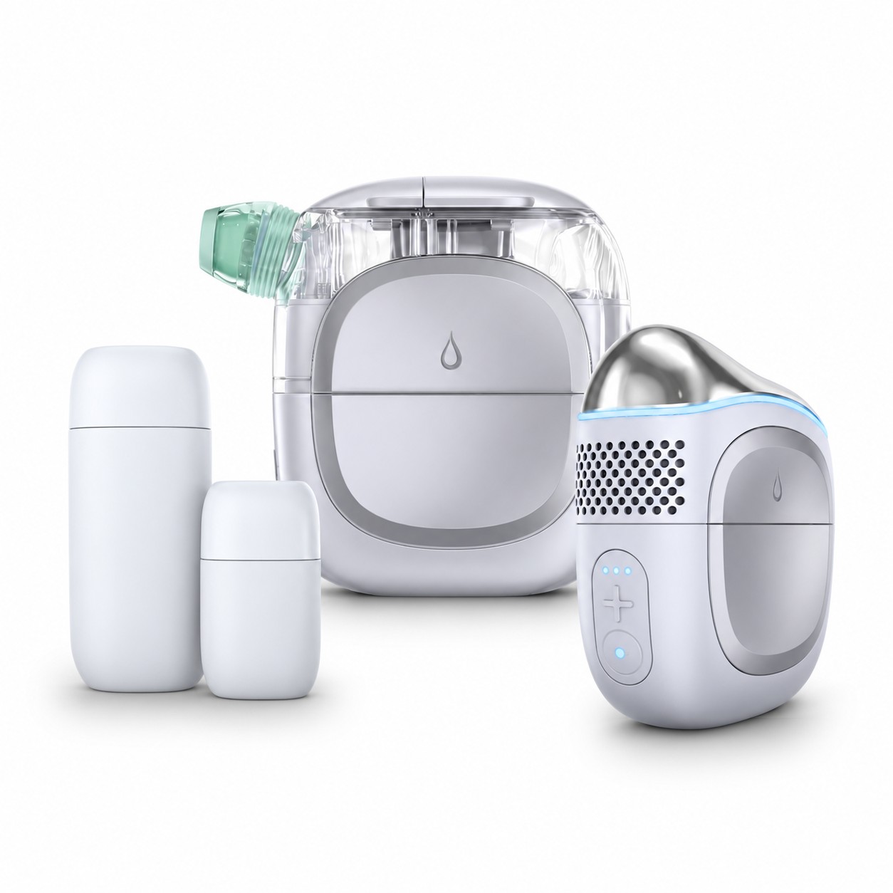 White Veyla humidifier with a clear tank and green nozzle, a handheld facial device with a steel head and blue light ring, and two white travel bottles
